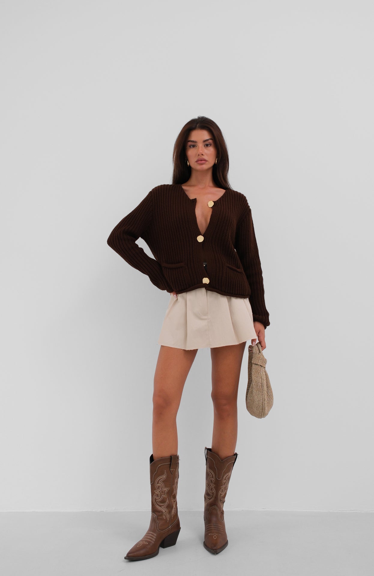 Oversize Brown Knitted Cardigan with Button Details 