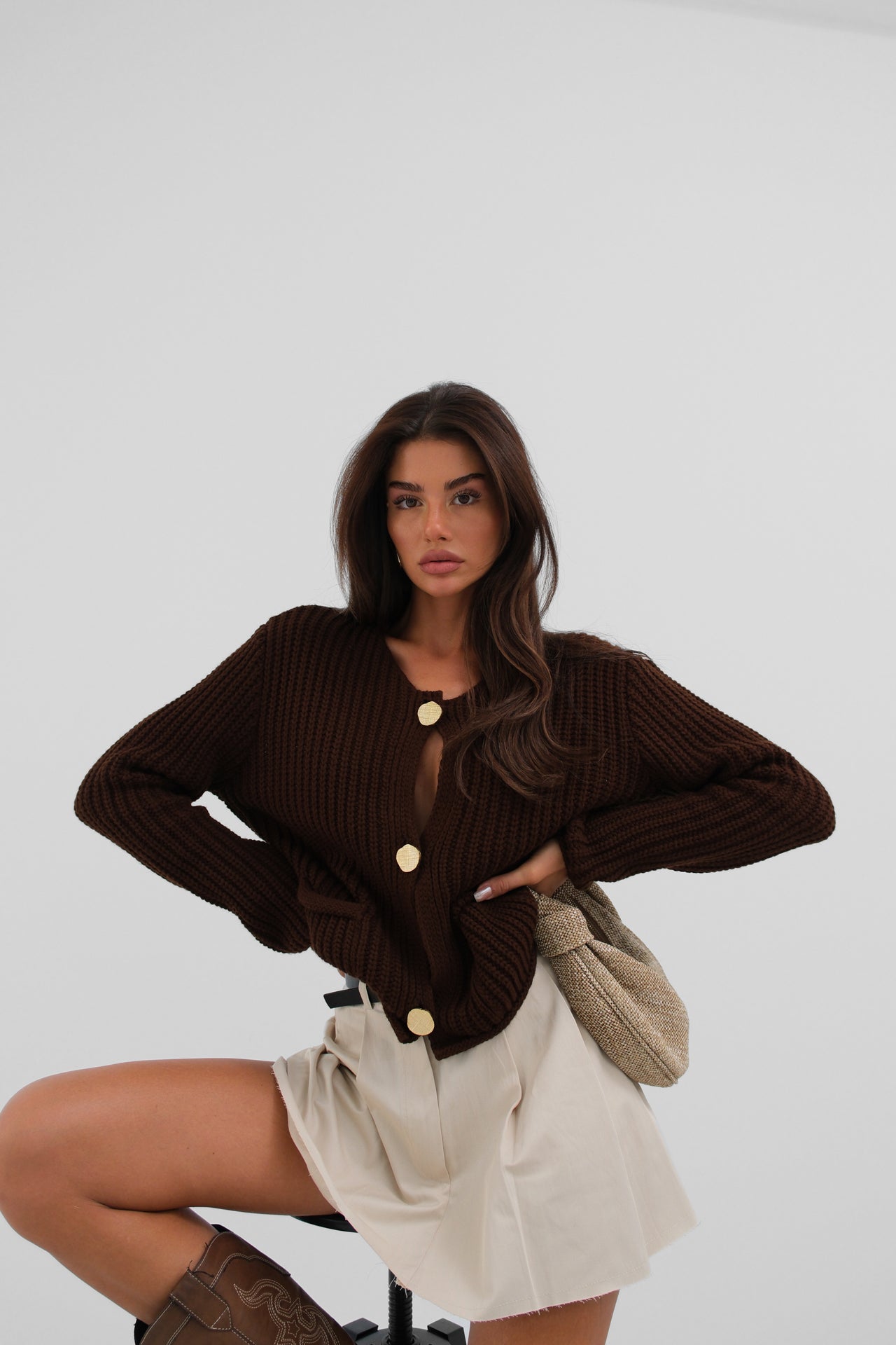 Oversize Brown Knitted Cardigan with Button Details 