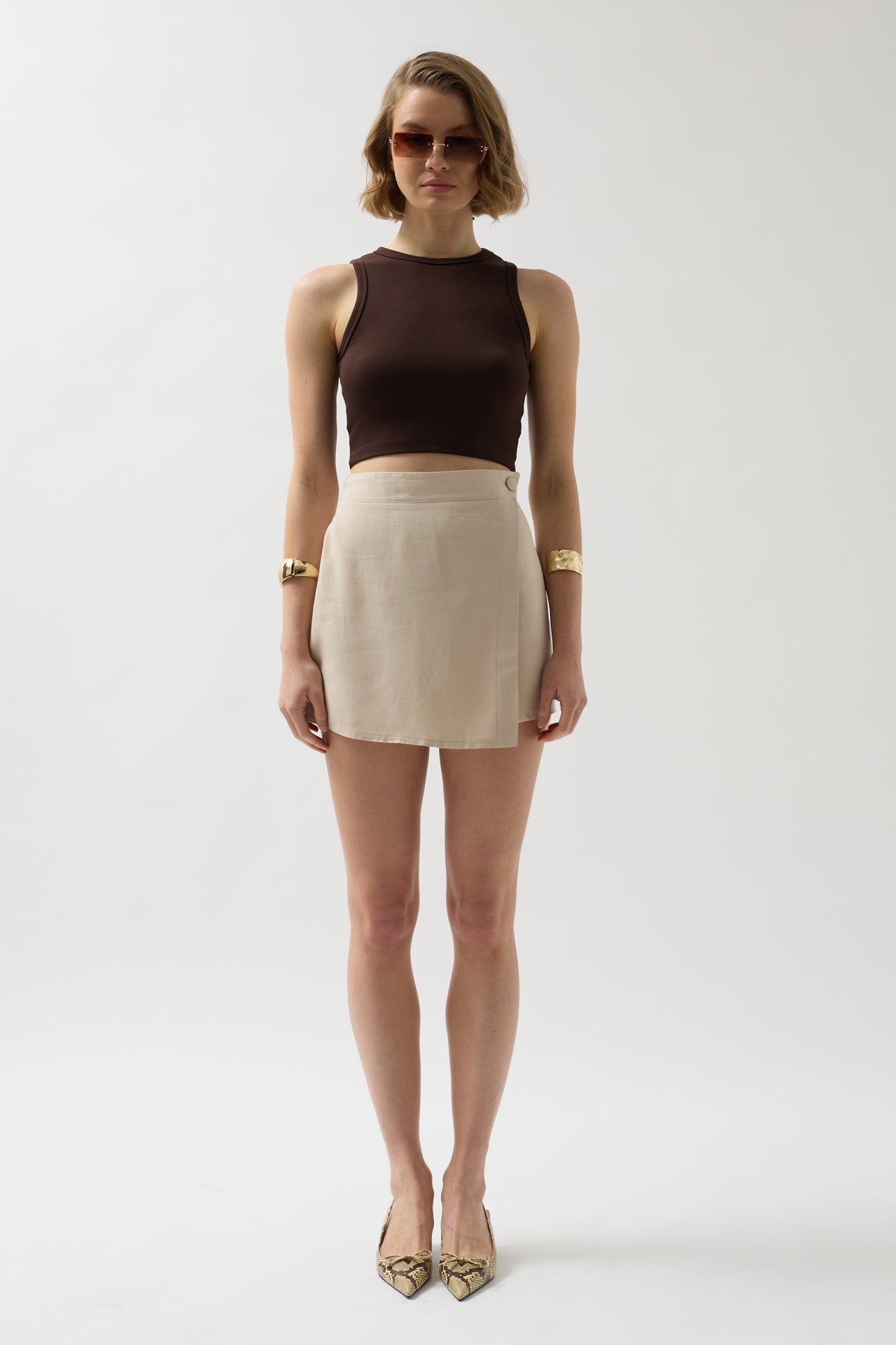 Buttoned Beige Linen Skirt 