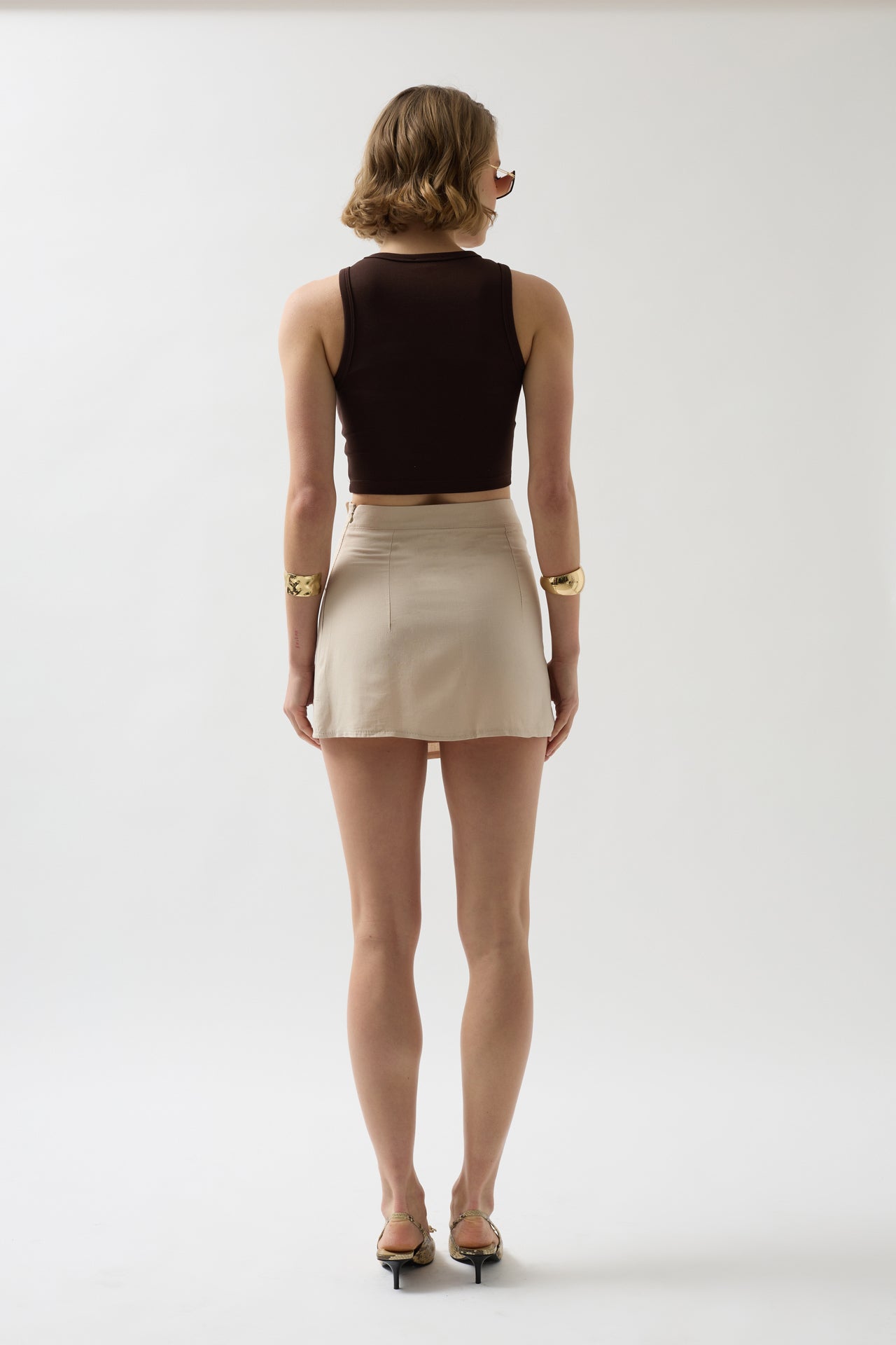 Buttoned Beige Linen Skirt 