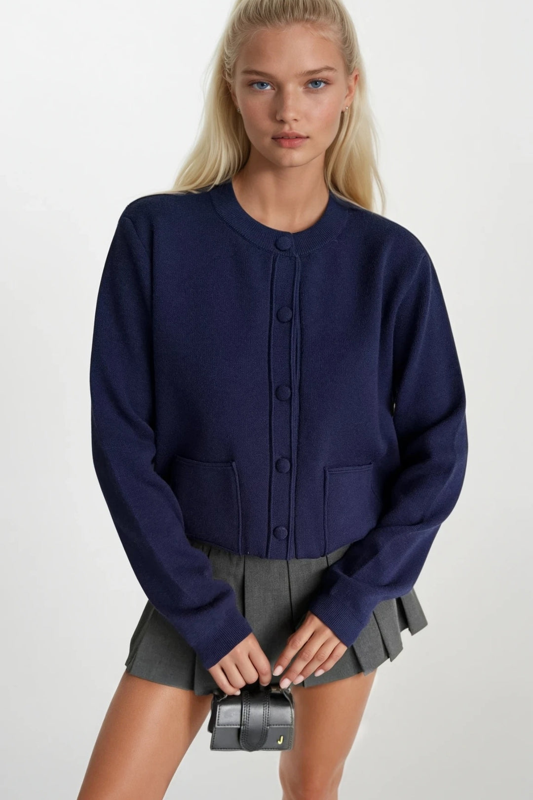 Düğmeli Çift Cepli Lacivert Triko Hırka