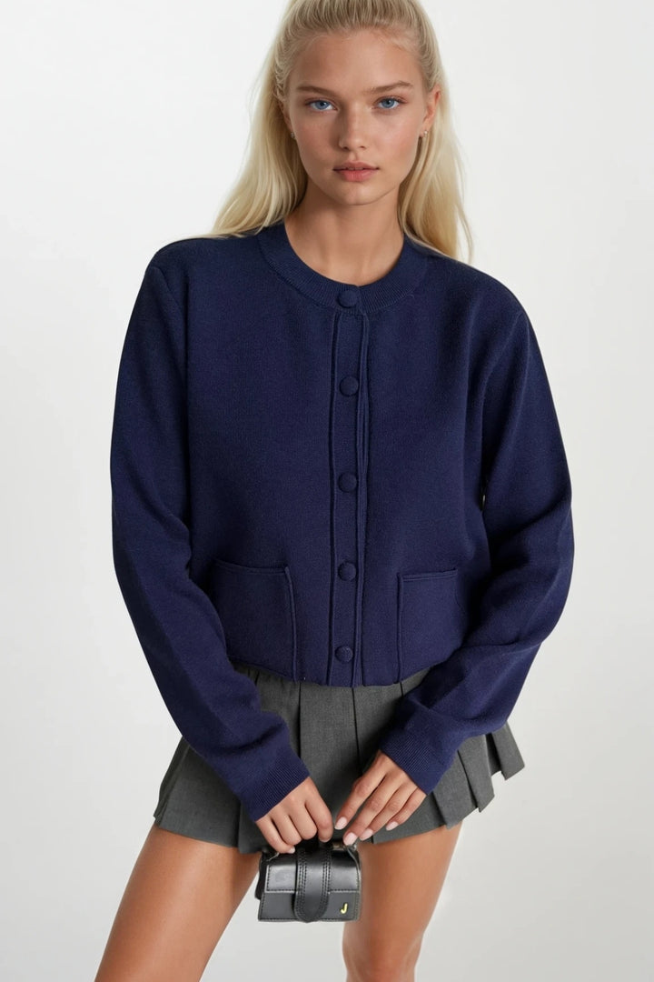 Düğmeli Çift Cepli Lacivert Triko Hırka