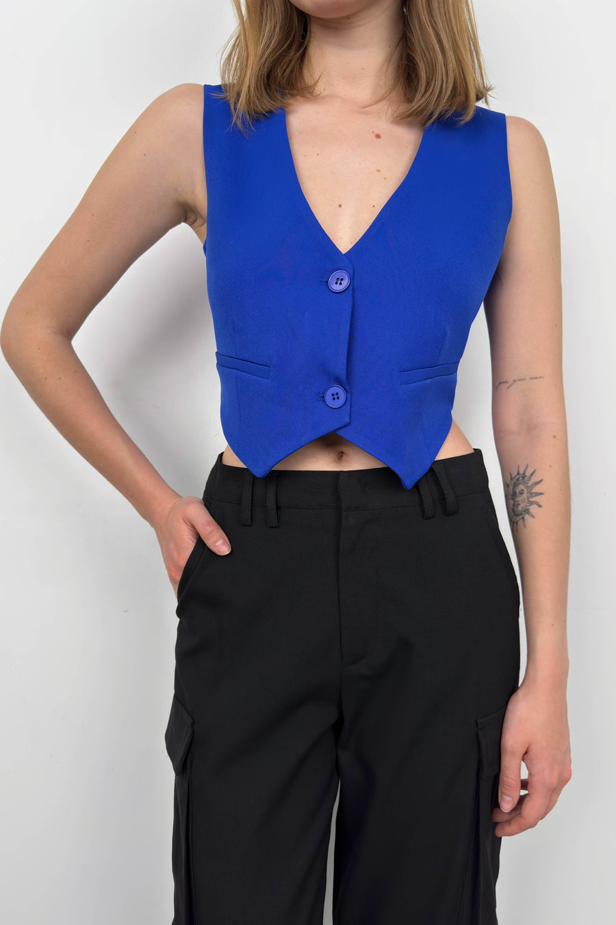 Buttoned Saxe Crop Vest 