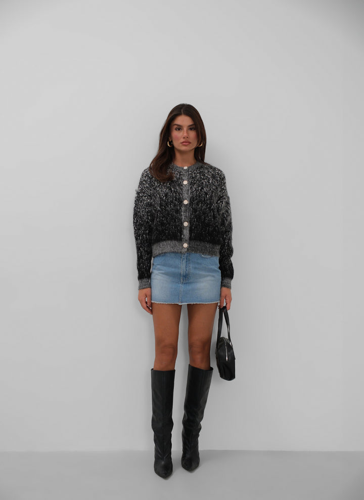 Buttoned Patterned Bearded Black Cardigan 