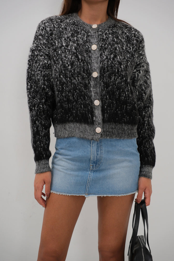 Buttoned Patterned Bearded Black Cardigan 