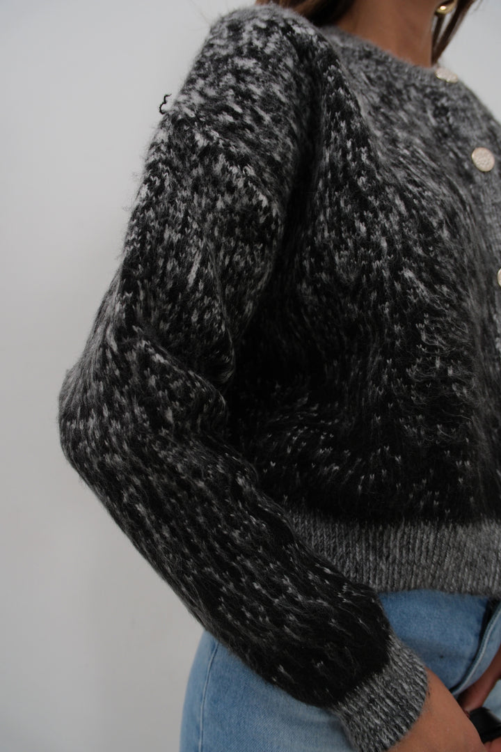 Buttoned Patterned Bearded Black Cardigan 