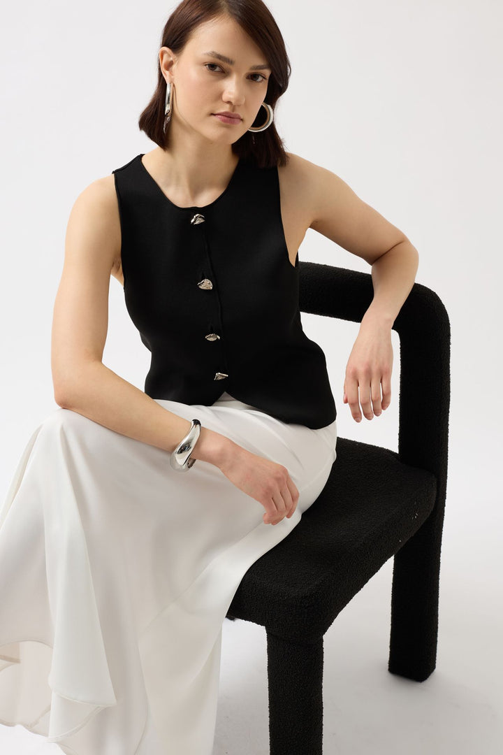 Düğmeli Dokulu Siyah Yelek