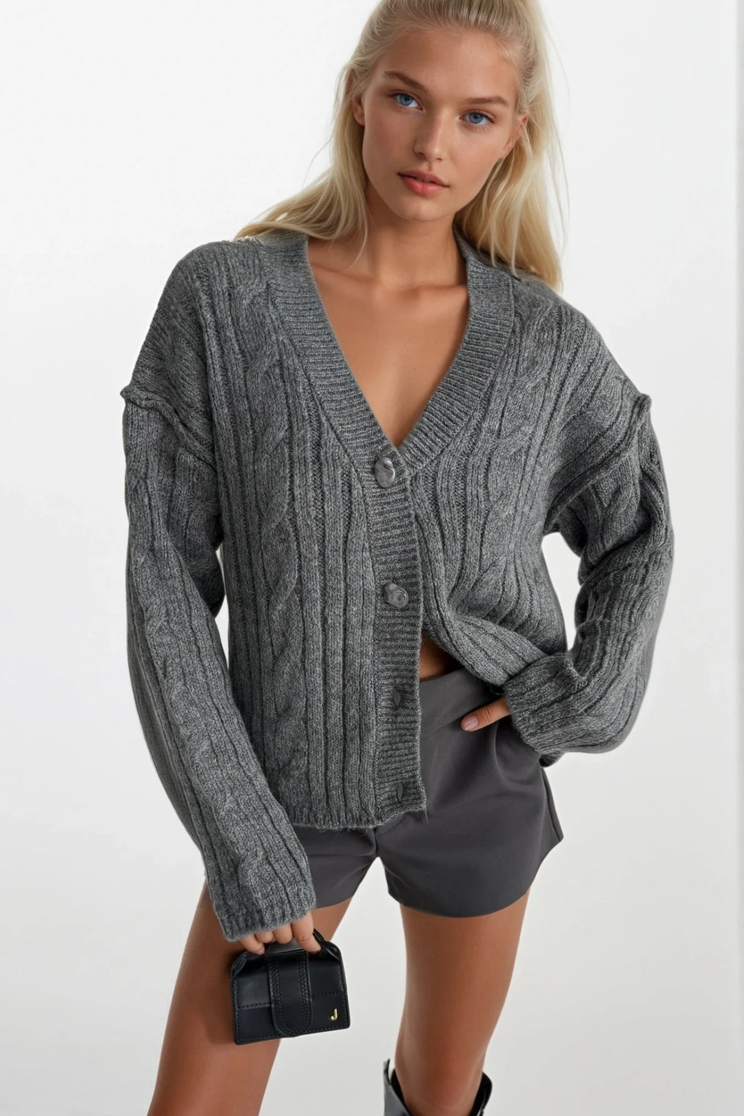 Düğmeli Antrasit Örgü Triko Hırka