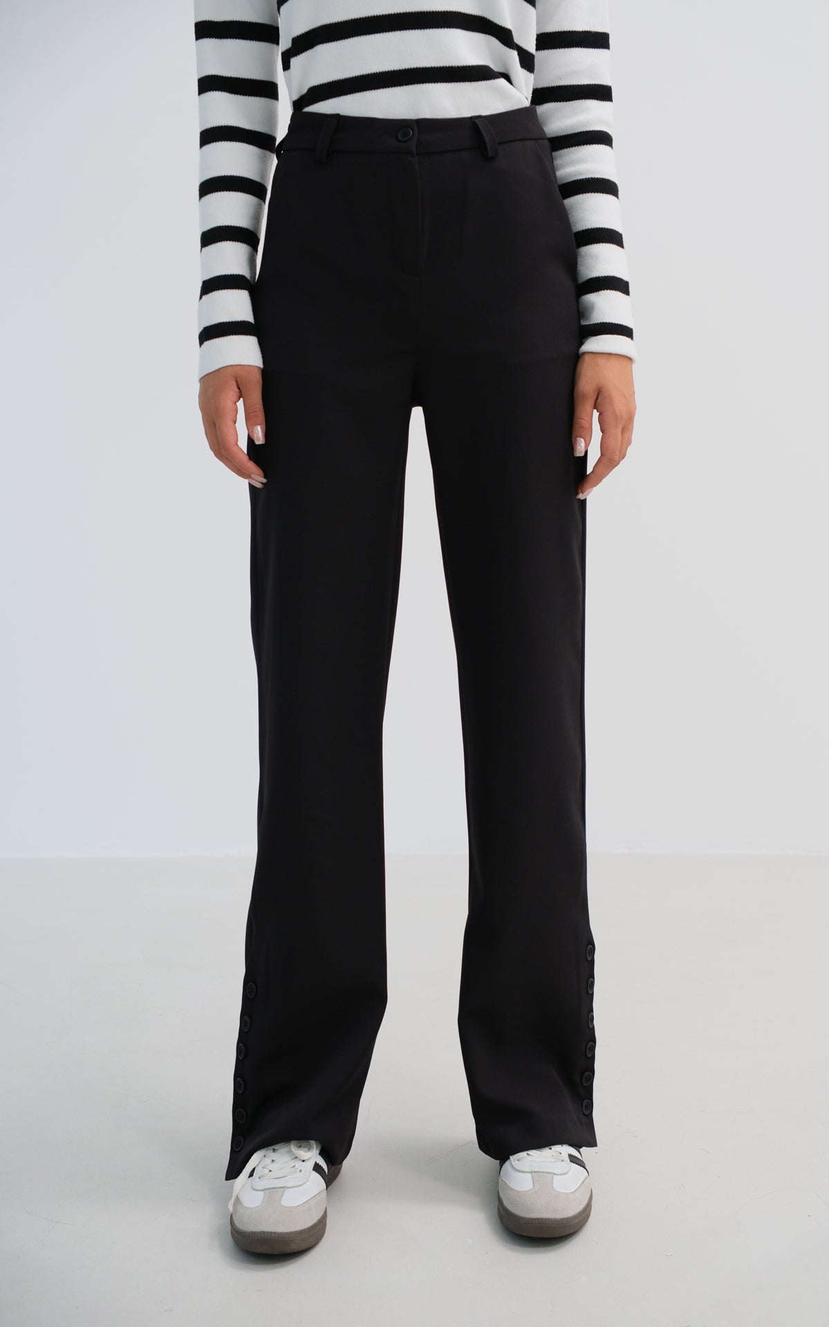 Buttoned Slit Detail Black Trousers 