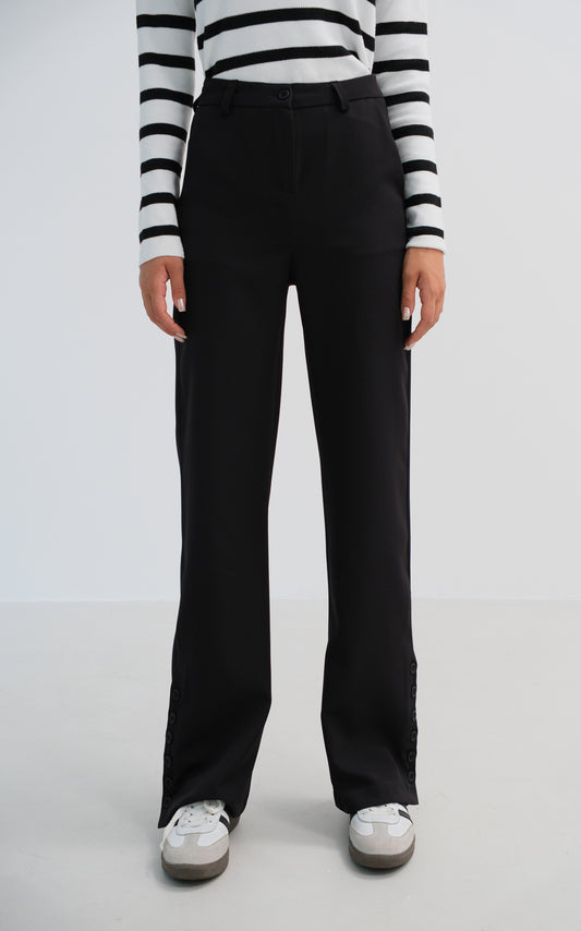 Buttoned Slit Detail Black Trousers 