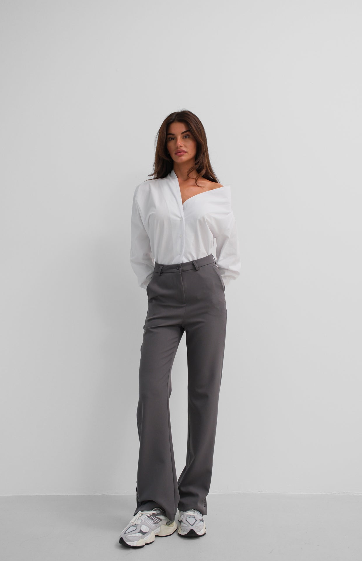 Buttoned Slit Detail Grey Trousers 