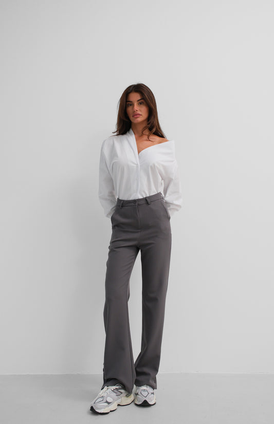 Buttoned Slit Detail Grey Trousers 