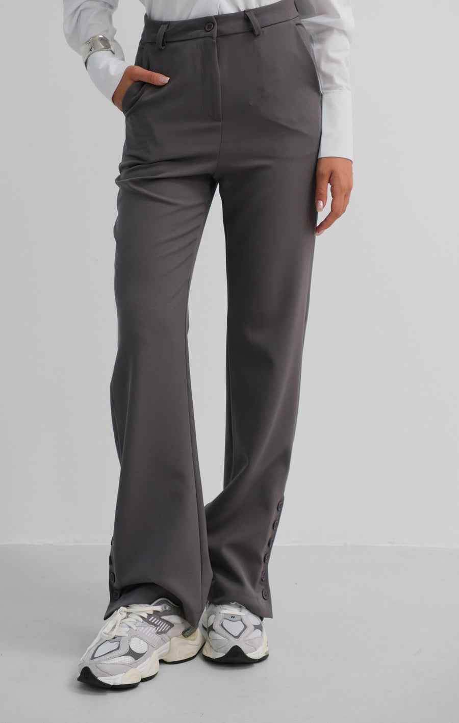 Buttoned Slit Detail Grey Trousers 