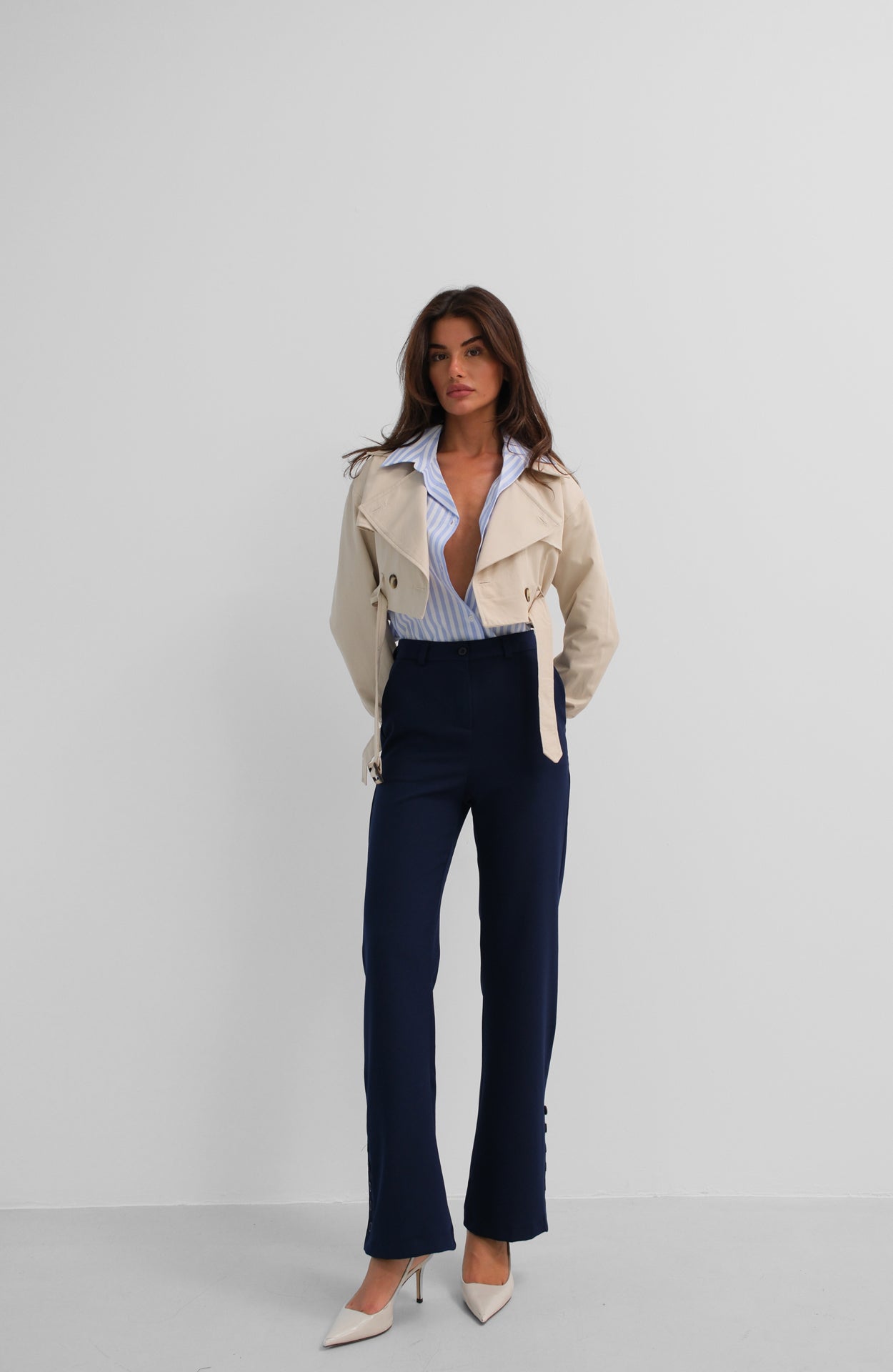 Buttoned Slit Detail Navy Blue Trousers 