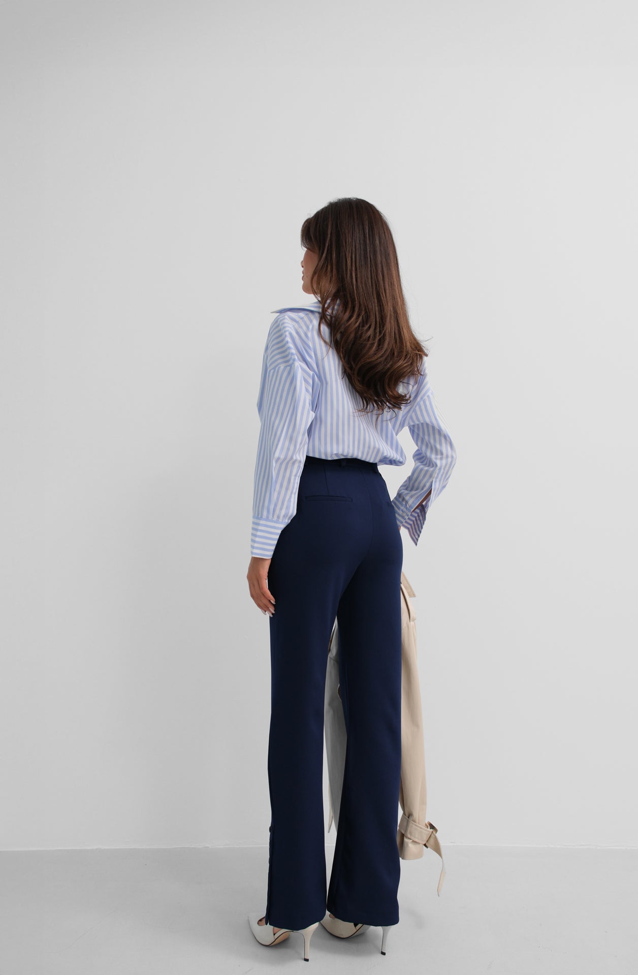 Buttoned Slit Detail Navy Blue Trousers 