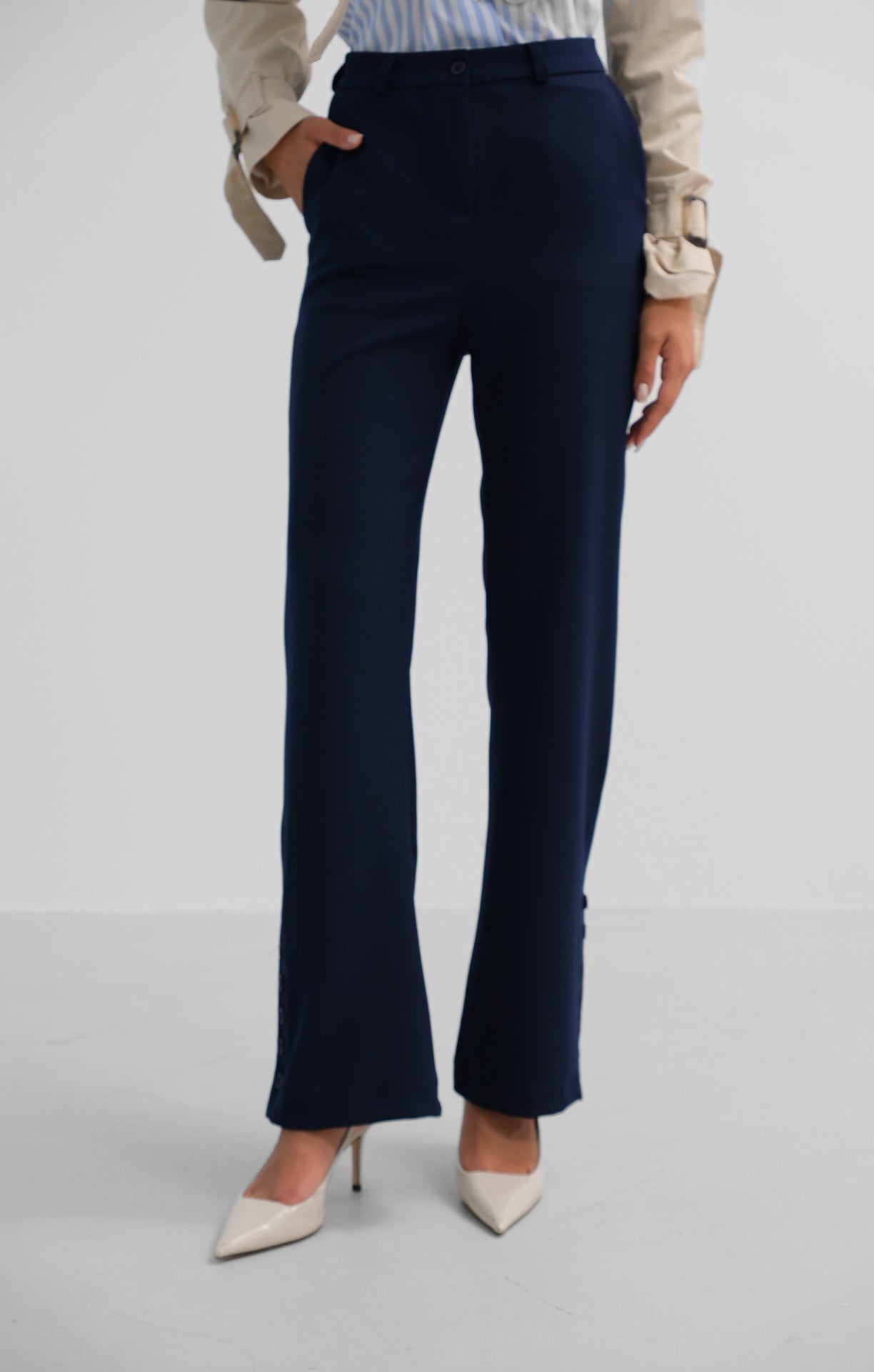 Buttoned Slit Detail Navy Blue Trousers 