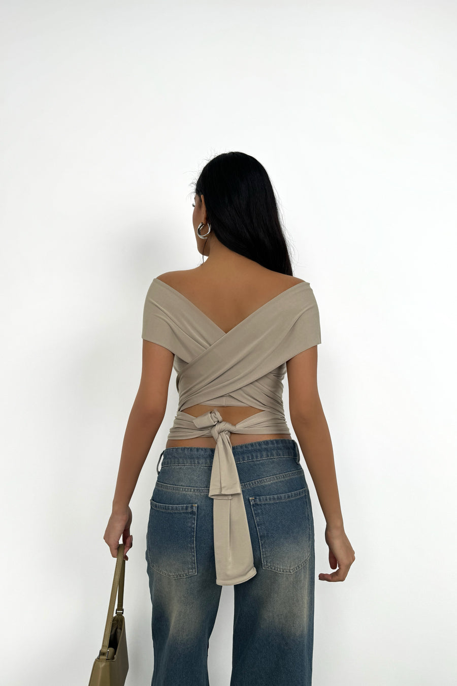 Knot Detail Strapless Beige Crop Blouse 