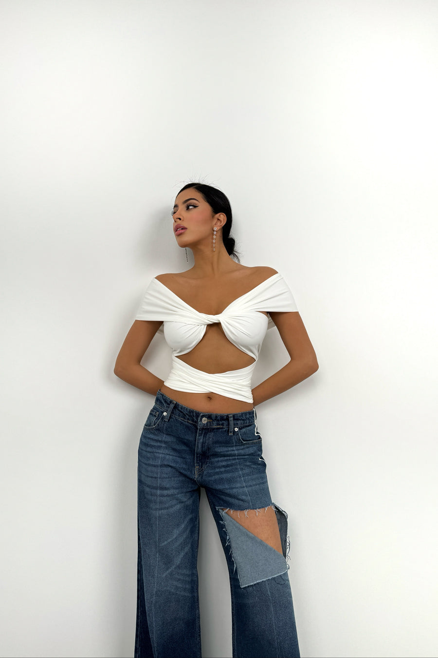 Knot Detail Strapless Ecru Crop Blouse 