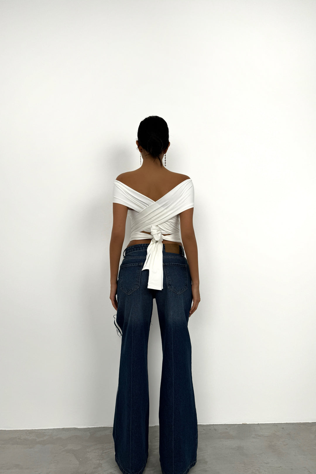 Knot Detail Strapless Ecru Crop Blouse 