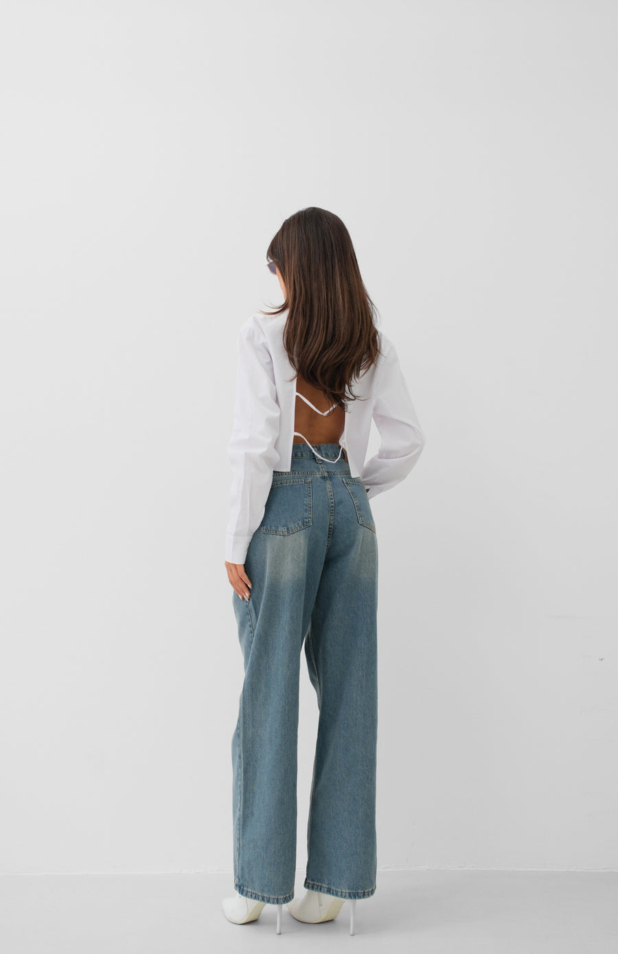 Düşük Bel Çift Düğmeli Mavi Wide Leg Jean