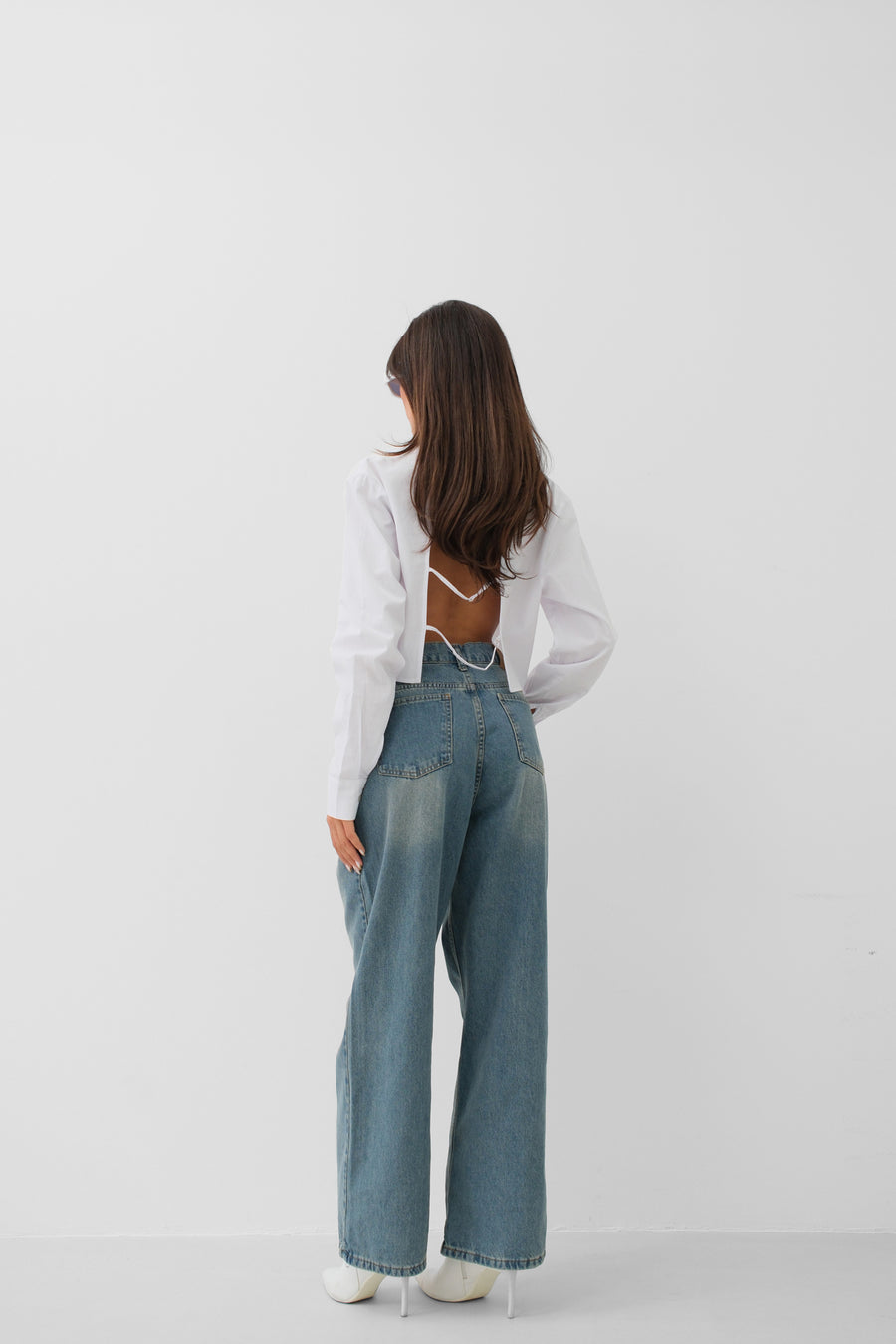 Düşük Bel Çift Düğmeli Mavi Wide Leg Jean