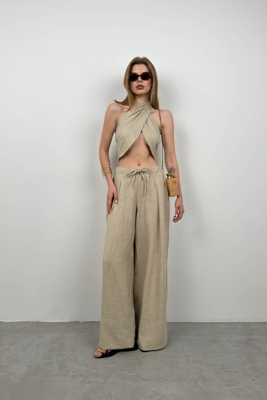 Low Waist Oversize Linen Stone Trousers 