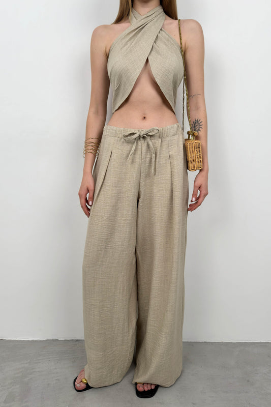 Low Waist Oversize Linen Stone Trousers 