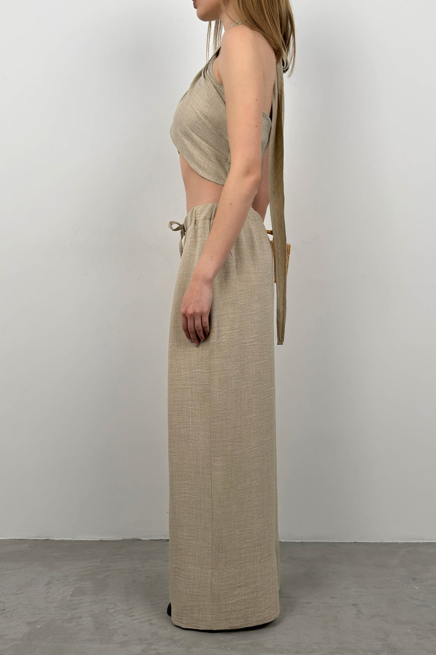 Low Waist Oversize Linen Stone Trousers 