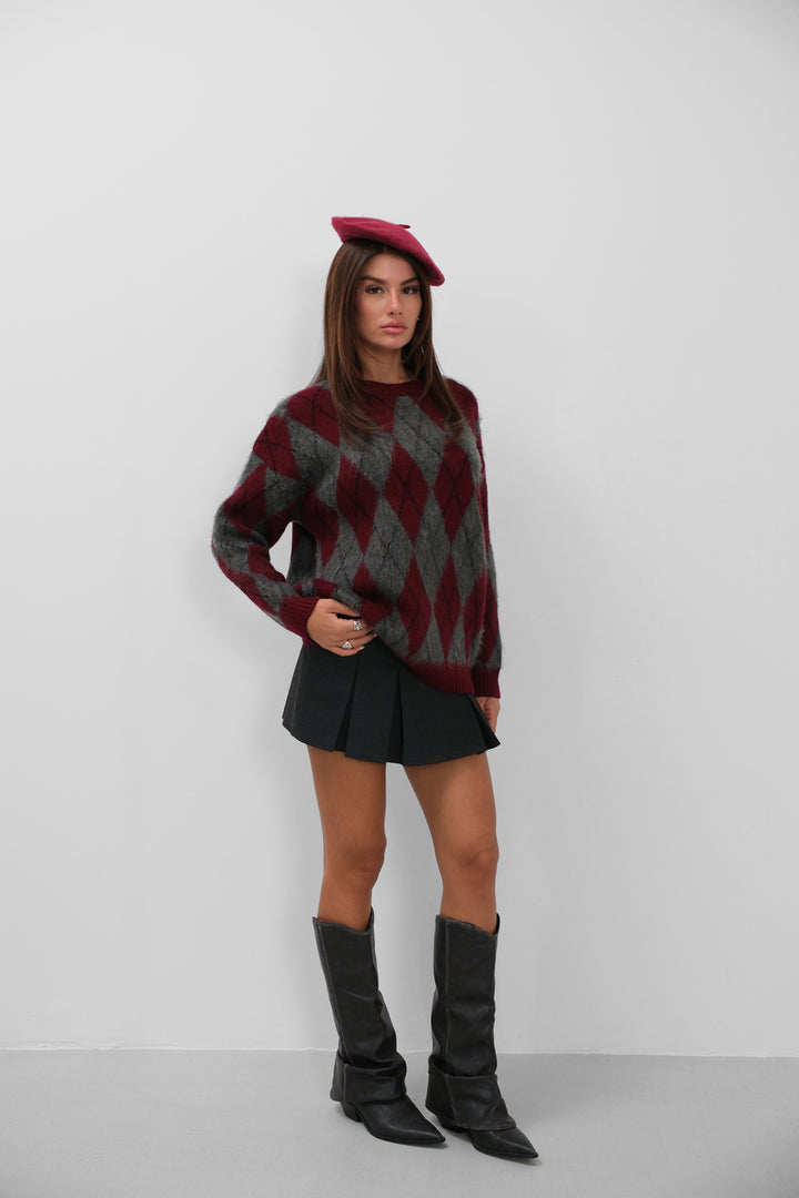 Plaid Patterned Raised Burgundy-Grey Sweater 