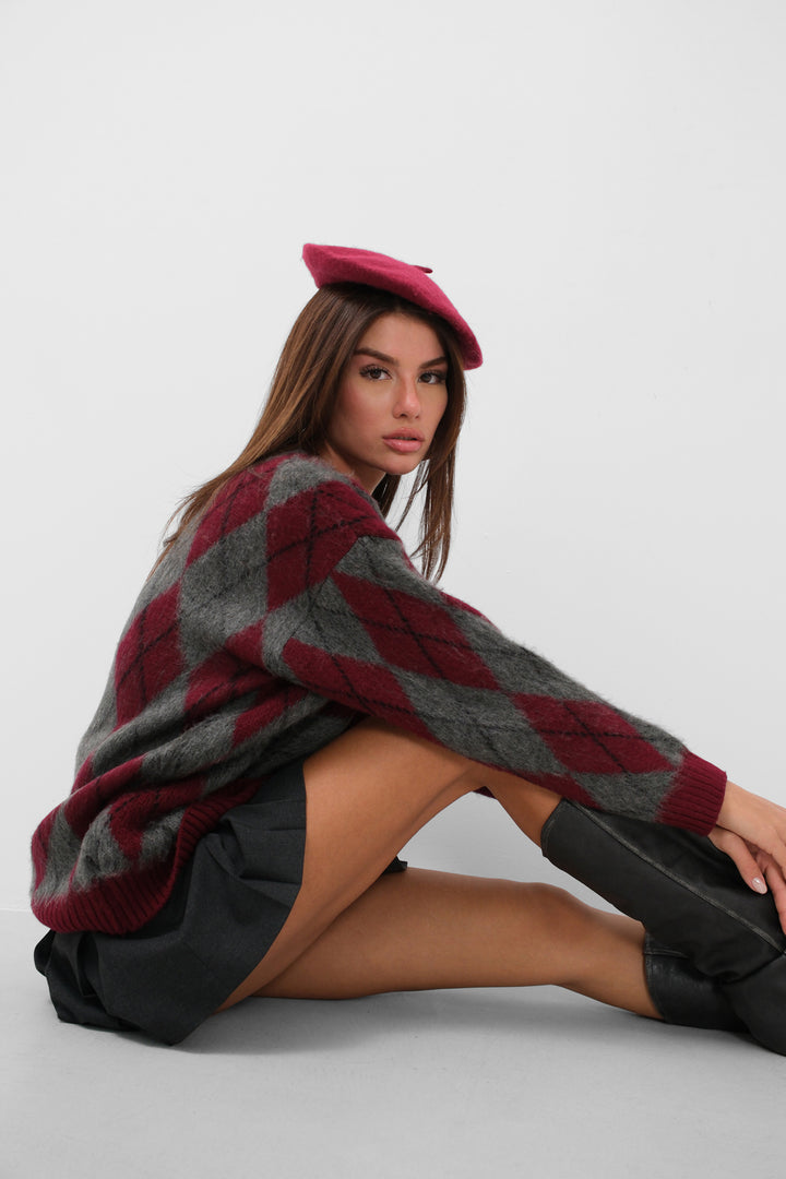 Plaid Patterned Raised Burgundy-Grey Sweater 