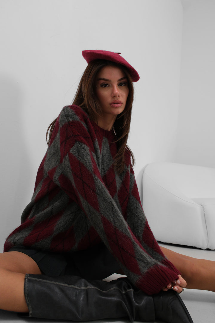 Plaid Patterned Raised Burgundy-Grey Sweater 