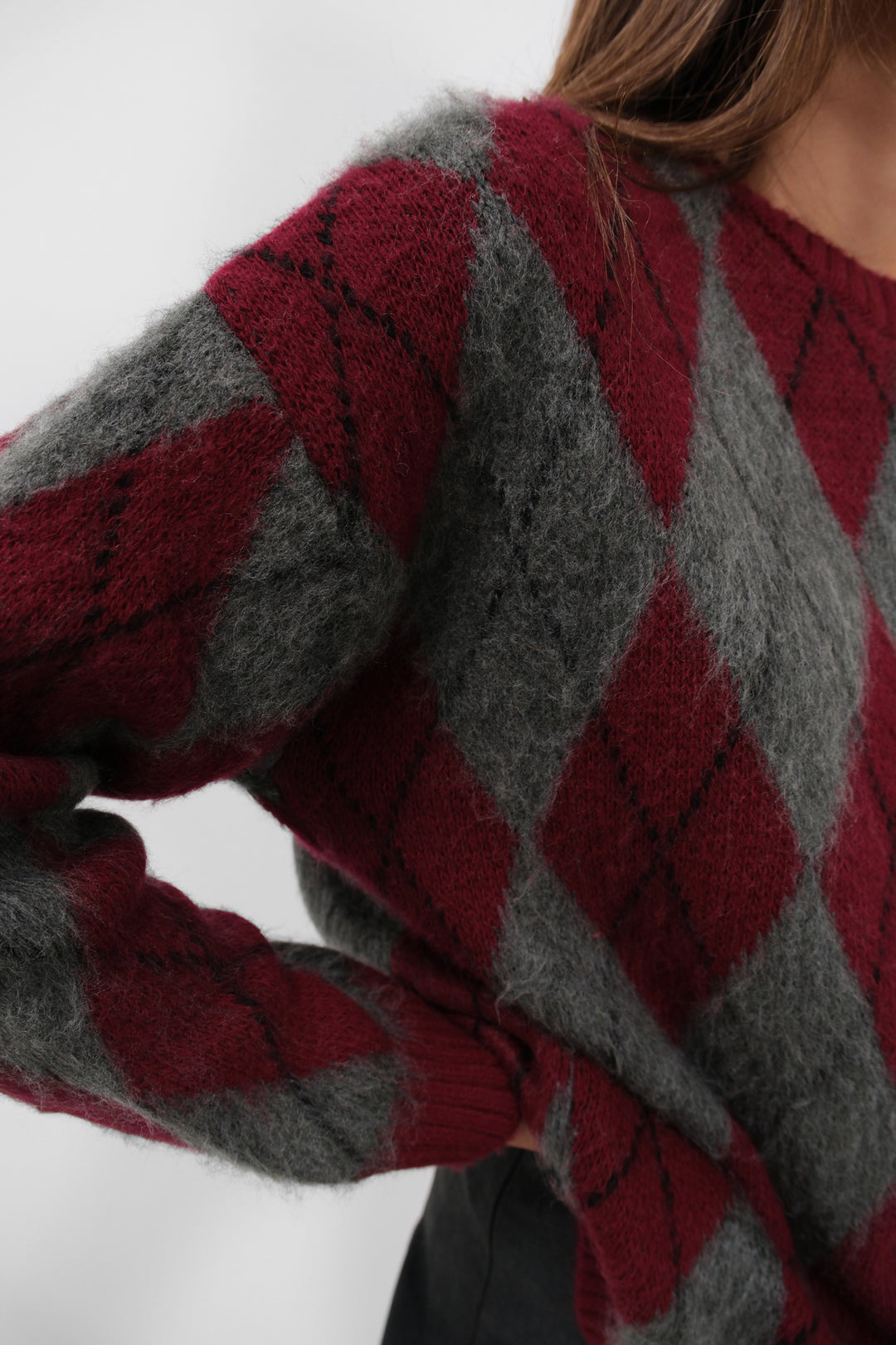 Plaid Patterned Raised Burgundy-Grey Sweater 