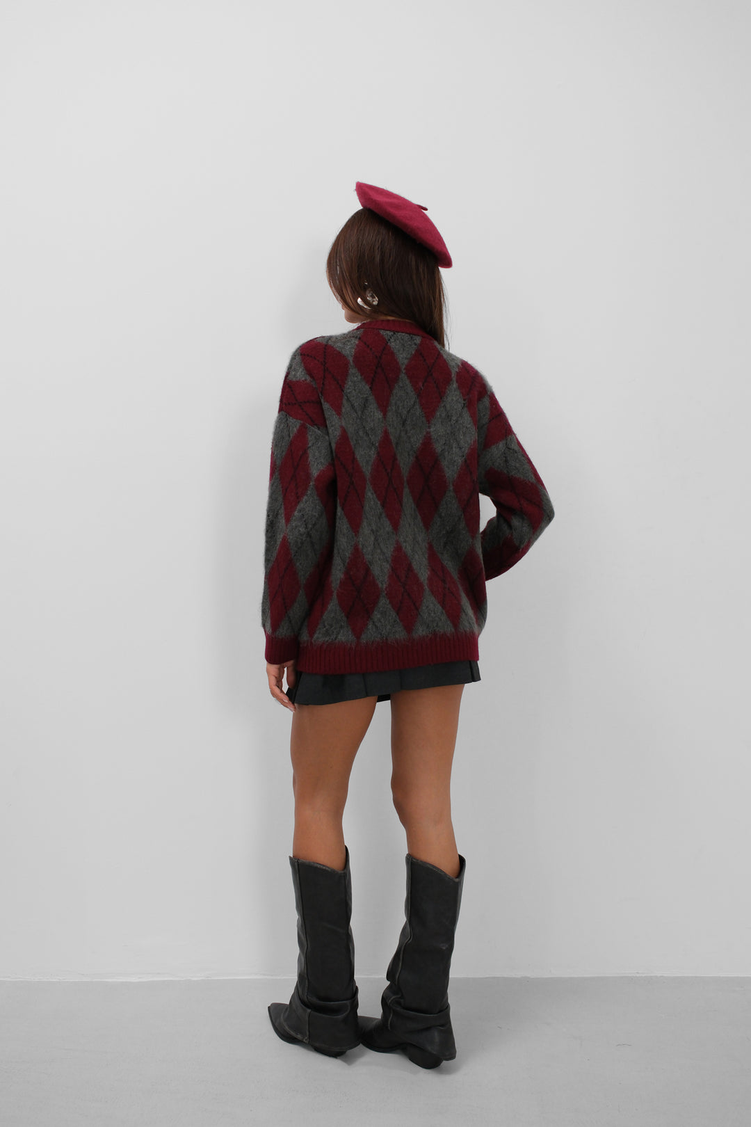 Plaid Patterned Raised Burgundy-Grey Sweater 