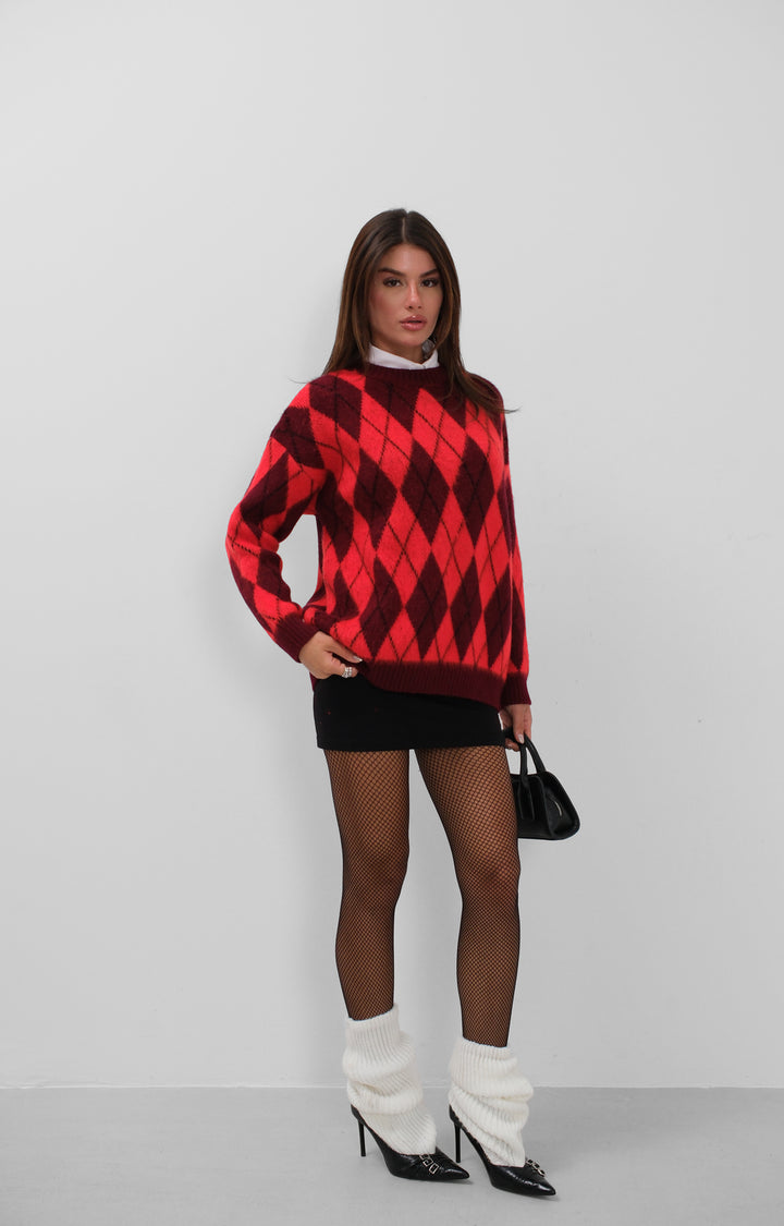 Plaid Patterned Raised Red-Burgundy Sweater 