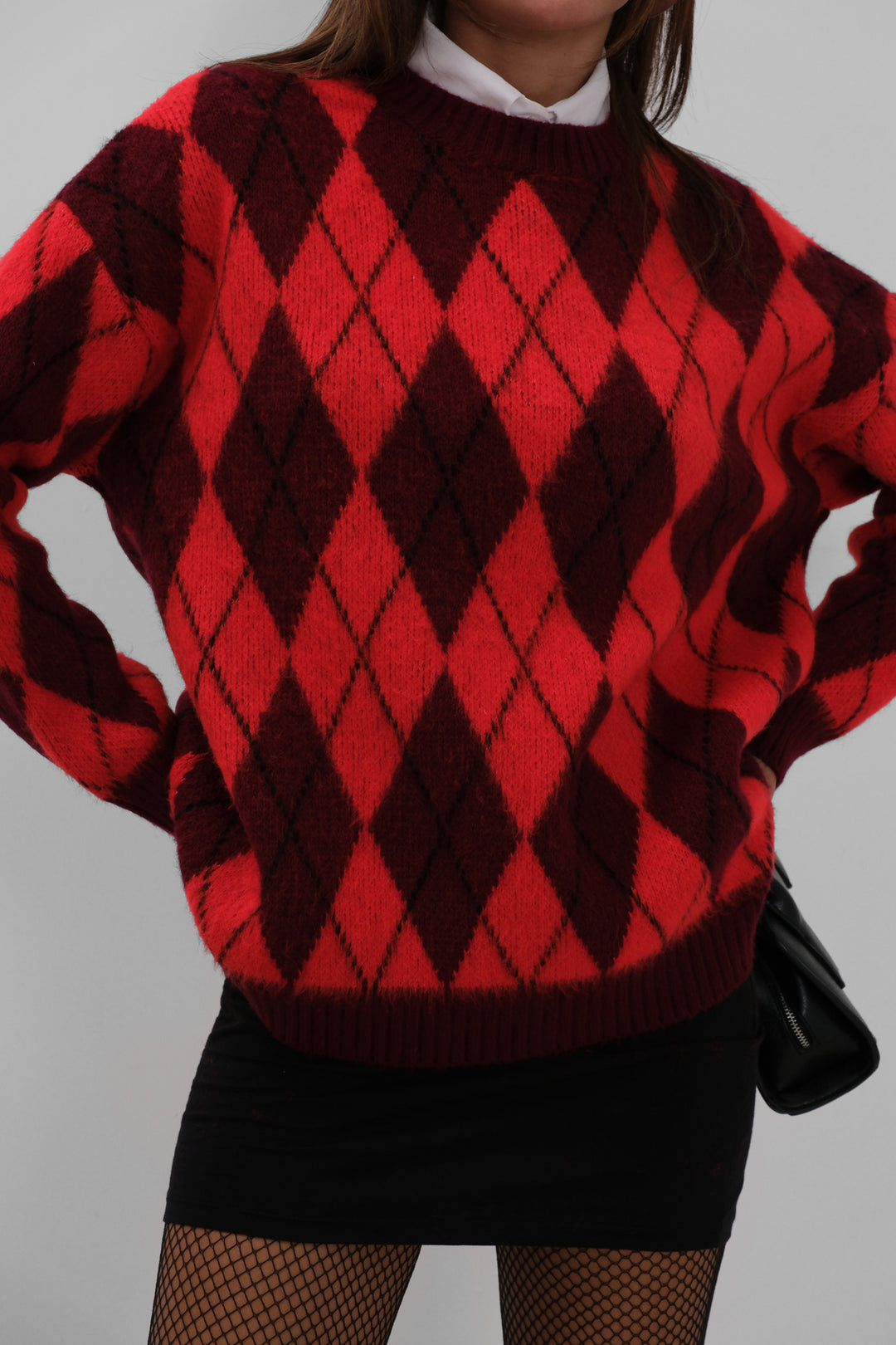 Plaid Patterned Raised Red-Burgundy Sweater 