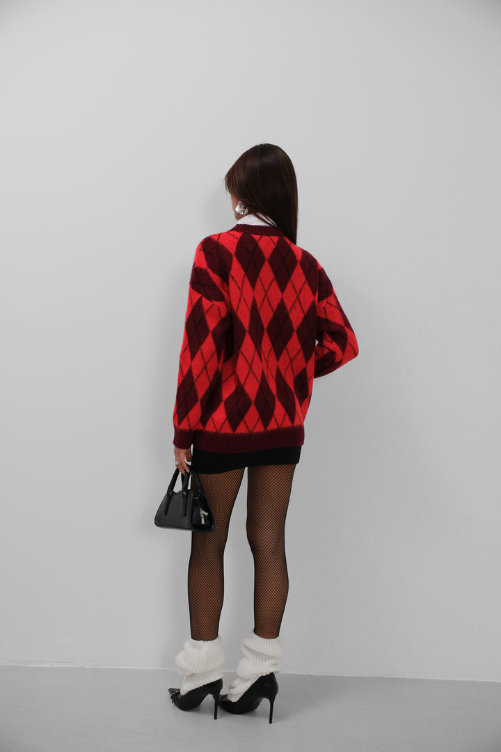 Plaid Patterned Raised Red-Burgundy Sweater 