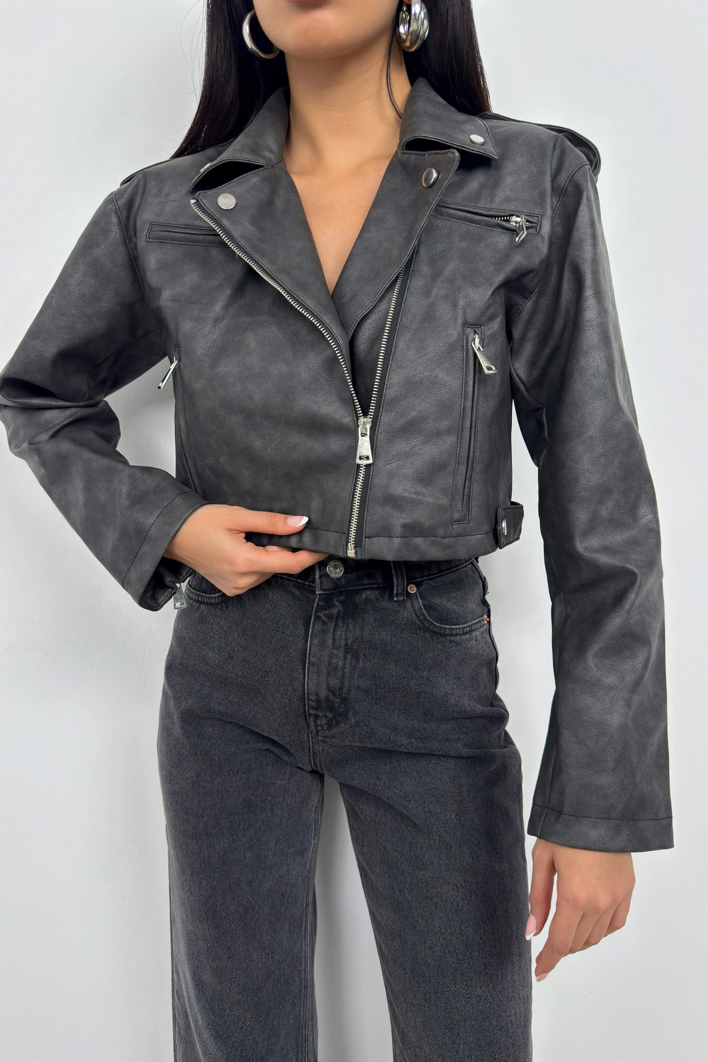 Grey Crop Leather Jacket with Aged Effect 