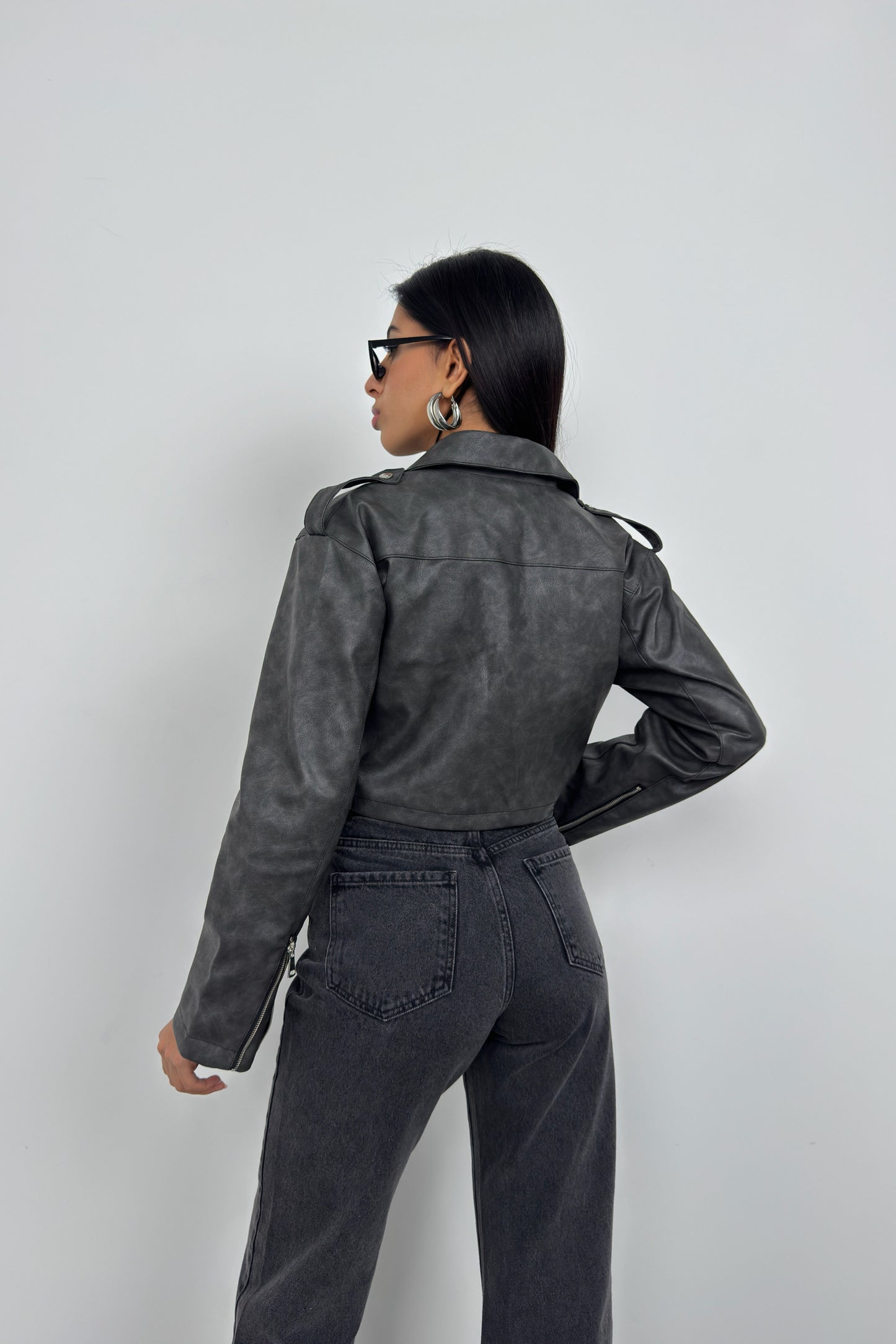 Grey Crop Leather Jacket with Aged Effect 