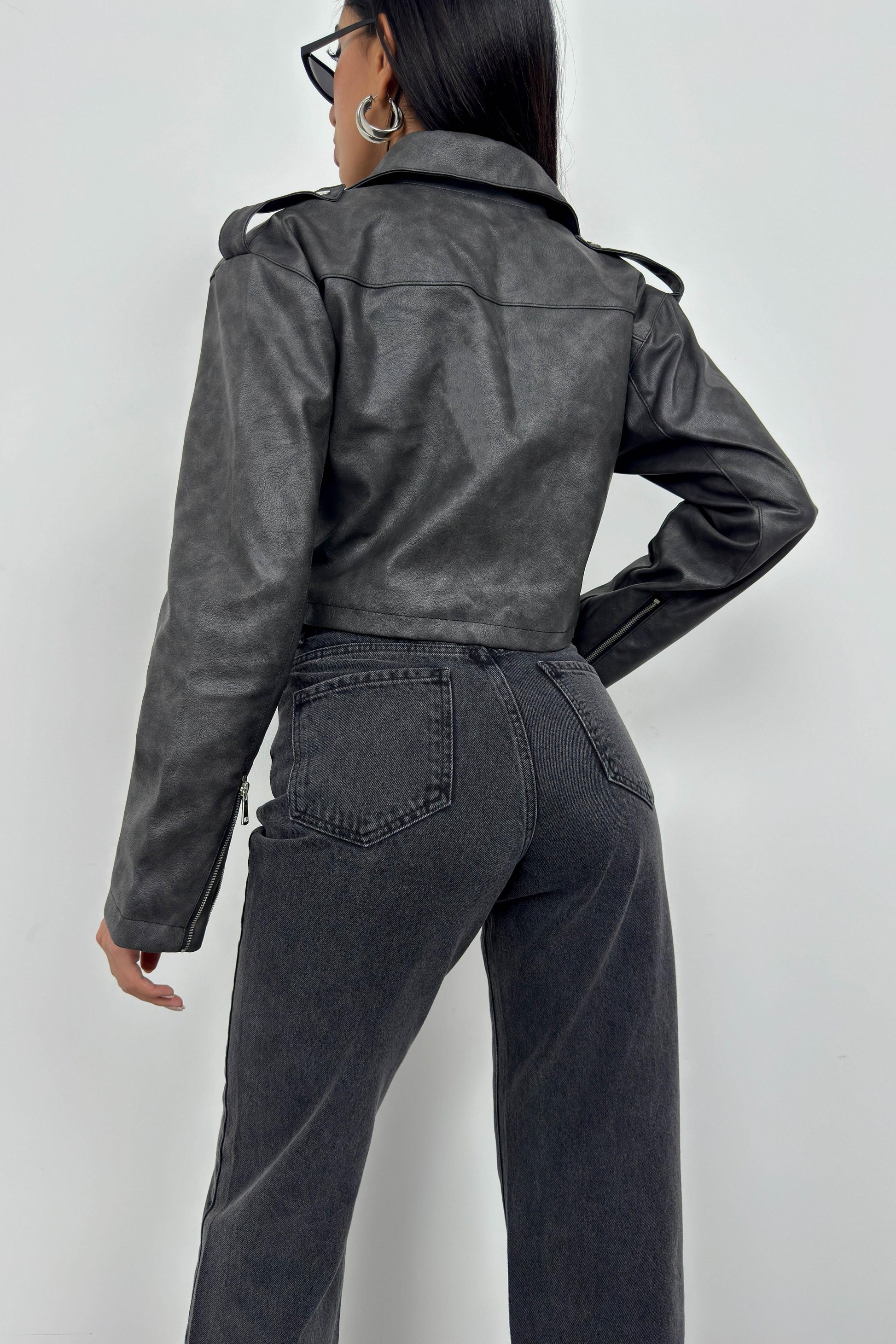 Grey Crop Leather Jacket with Aged Effect 