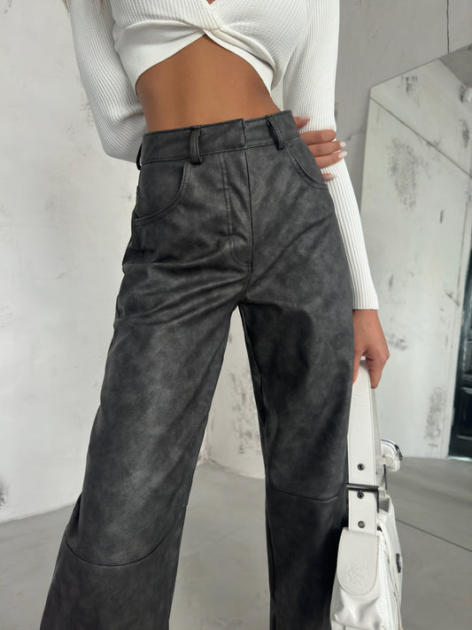 Distressed Grey Leather Trousers