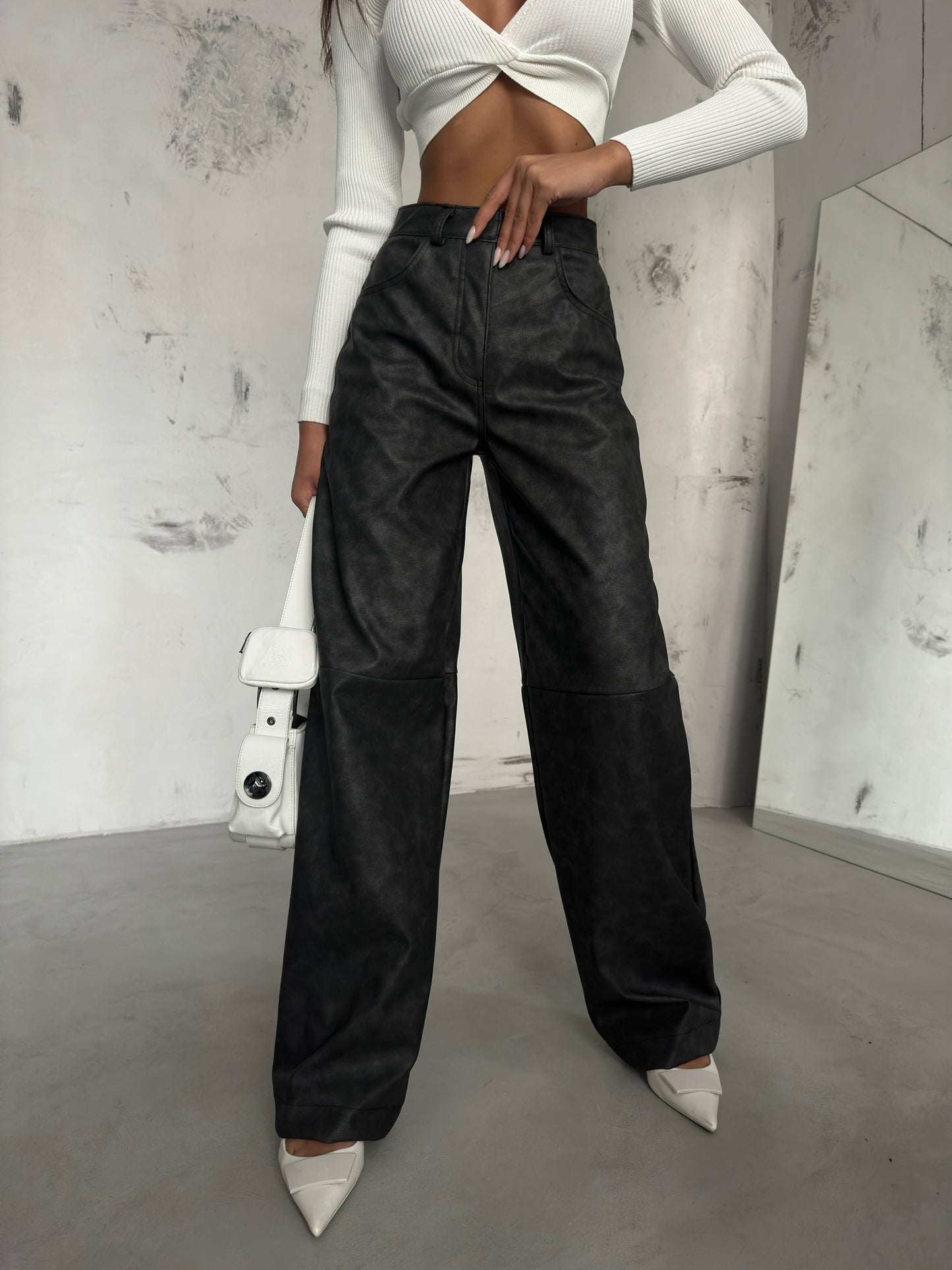 Distressed Grey Leather Trousers