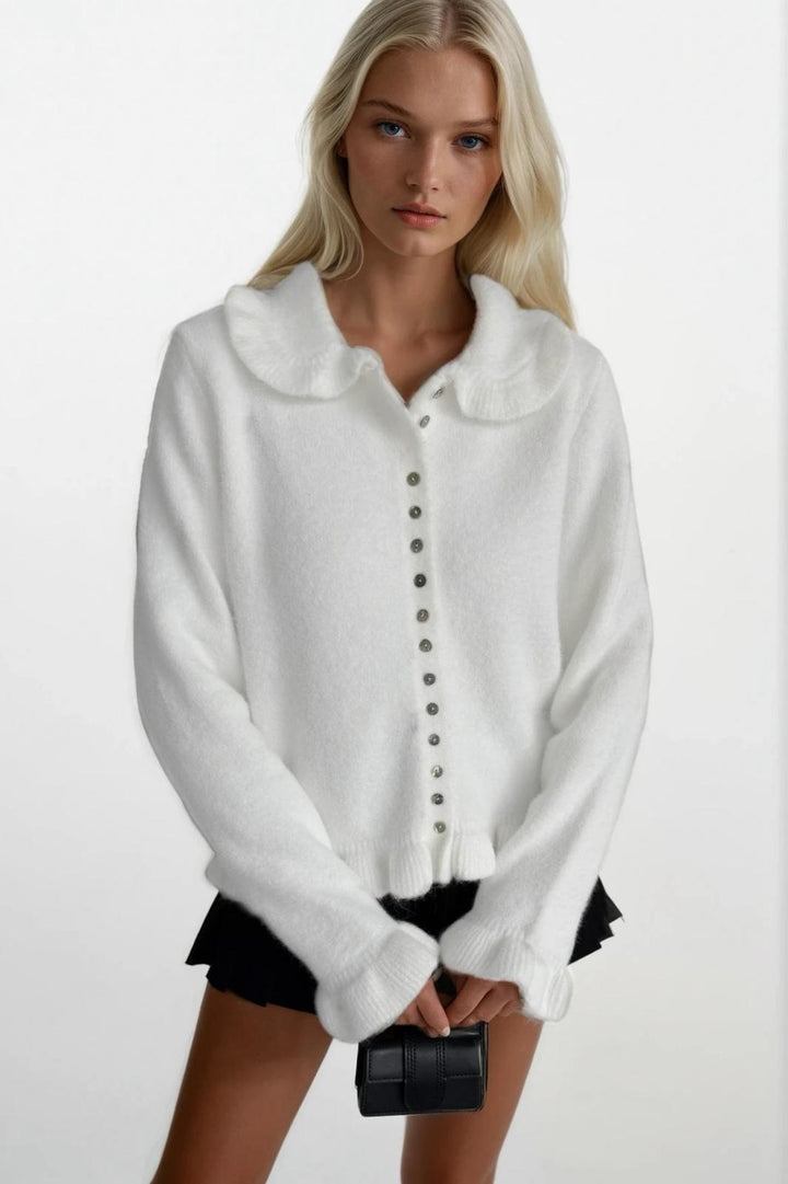 Etek ve Yaka Fırfırlı Triko Beyaz Hırka