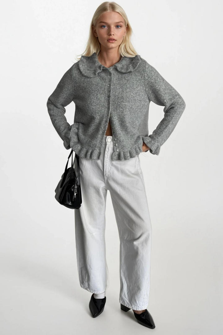 Etek ve Yaka Fırfırlı Triko Gri Hırka