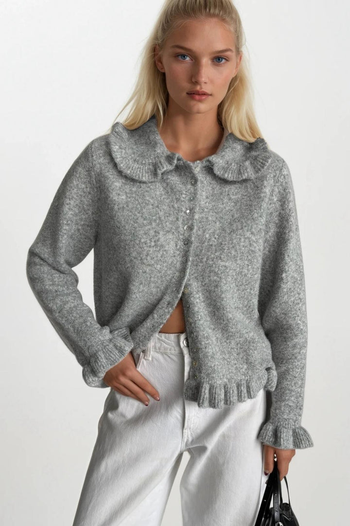 Etek ve Yaka Fırfırlı Triko Gri Hırka