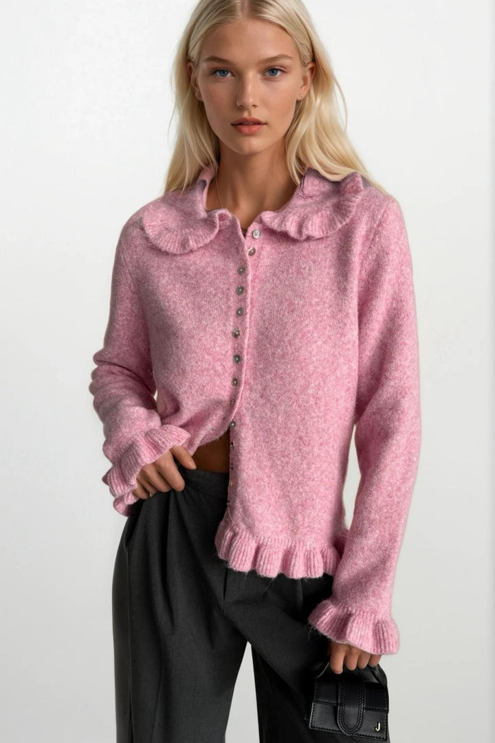 Etek ve Yaka Fırfırlı Triko Pembe Hırka