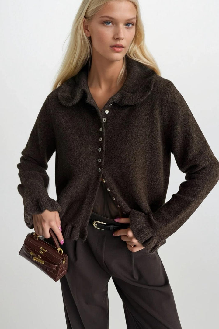 Etek ve Yaka Fırfırlı Triko Kahverengi Hırka