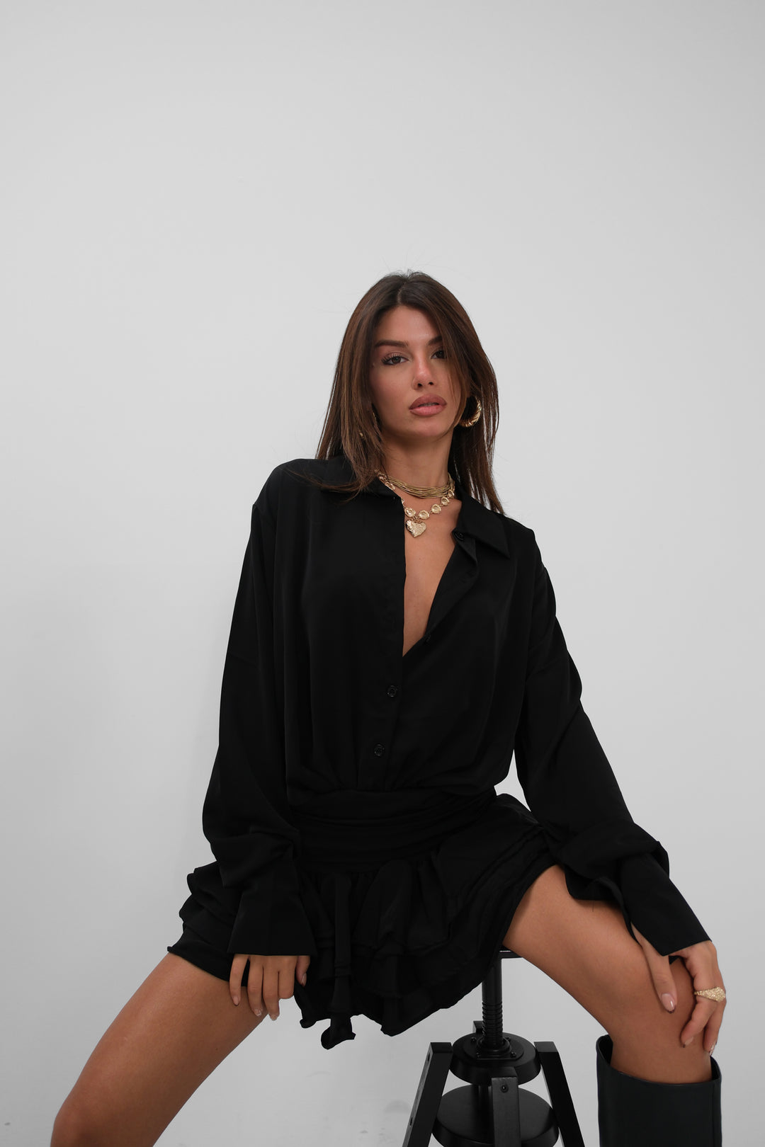 Black Dress with Flounce Skirt Detail 