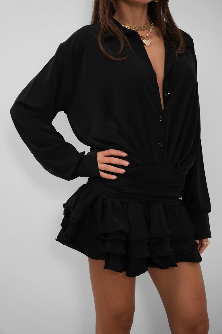 Black Dress with Flounce Skirt Detail 