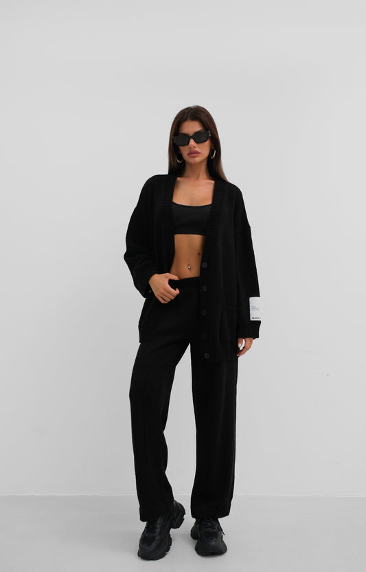 Tag Detail Black Cardigan Trouser Set 