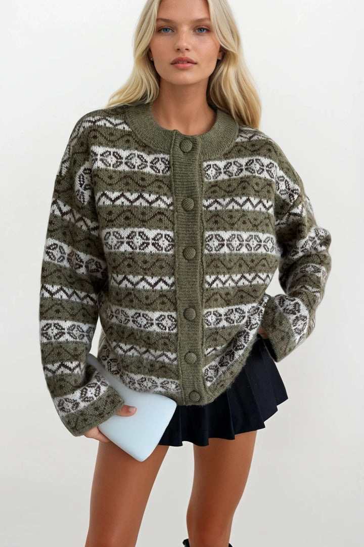 Etnik Desen Yeşil Şardonlu Triko Hırka